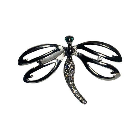 Shimmering Crystal Rhinestone Dragon Fly Vintage Silver Tone Brooch Pin 2.75” - Picture 2 of 15